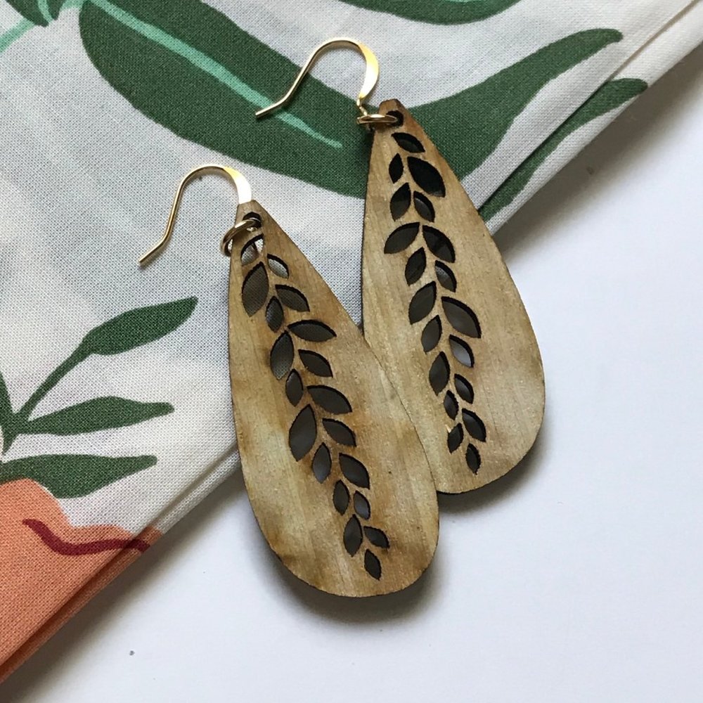 Leaf Tear Drop Wooden Earrings
